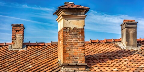 Naklejka premium Damaged chimney on old rooftop building exterior, damage, chimney, repair, rooftop, building, old