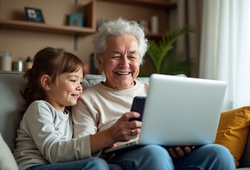 Multi-Generational Family Bonding: Candid Photo of Happy Grandparents and Grandkids Using Gadgets Together