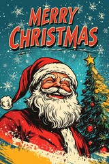 Obraz premium Vintage Merry Christmas Card with Smiling Santa Claus and Snowflakes in a Retro Style