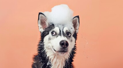 A playful dog with a bubble-covered head against a vibrant background, embodying joy and fun during bath time.