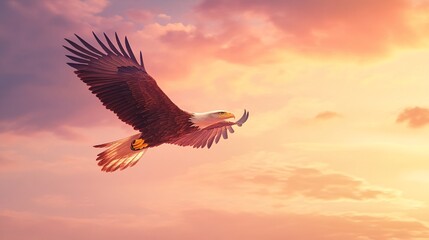 Naklejka premium Majestic bald eagle soaring against a colorful sunset sky.