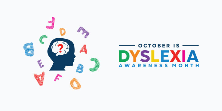 Dyslexia Awareness Month. Human, question mark, brain and alphabet. Great for cards, banners, posters, social media and more. White background. 