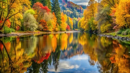 Fototapeta premium Fall foliage reflected in serene Stillaguamish River in Washington State, autumn, trees, water, reflection, colorful, nature