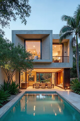 A modern minimalist house in Mexico with a pool and lots of plants and trees near the home. Outdoor dining area with a boho style vibe.