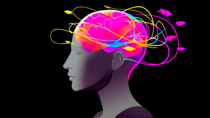 Grayscale Side Profile of Human Head with Vibrant Brain and Lightning Bolts - Abstract Brain Activity Illustration