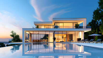 Fototapeta premium A modern and sleek architectural house design and tree in the background