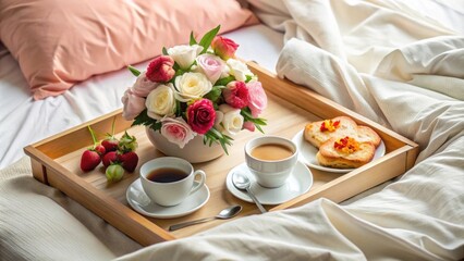 Beautifully plated breakfast in bed with flowers and a card for Mother's Day, mother's day, happy, celebration, breakfast