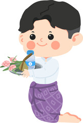 Kid boy in thai dress offering the food