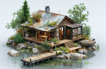Fototapeta premium 3D diorama miniature view of a small wooden fishing