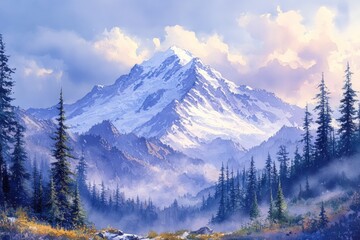 Obraz premium Majestic snow-capped mountain peak with a misty forest in the foreground, bathed in soft morning light.
