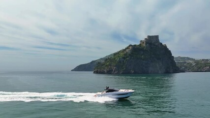 aragonese castle, yacht, ischia island, aerial view