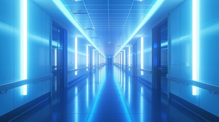 A hospital hallway with blue lights on the walls and ceiling