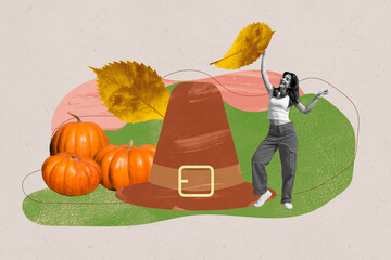 Composite photo collage of happy girl dance thanksgiving day enjoy park walk big hat pumpkin tradition isolated on painted background