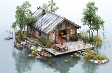 3D diorama miniature view of a small wooden fishing