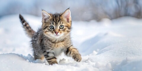 Playful kitten frolicking in fresh white snow , kitten, snow, winter, playful, cat, feline, fluffy, cold, cute, fun, adorable