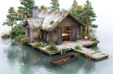 Obraz premium 3D diorama miniature view of a small wooden fishing