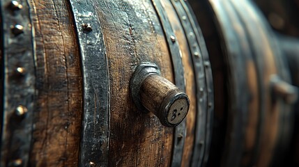 Close-up view of an old wooden barrel, showcasing its rustic texture and metal bands, perfect for vintage and winery themes.