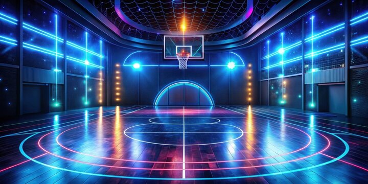 Futuristic basketball court equipped with dynamic holographic designs and illuminated hoops , technology, sports, future