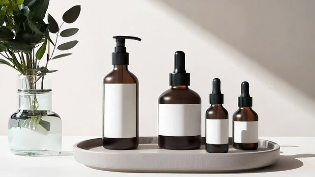 Cosmetics packaging. Set of different cosmetic bottles of cream or serum on a ceramic tray. Blank packaging. Natural beauty spa product concept. Beauty. Mock-up	