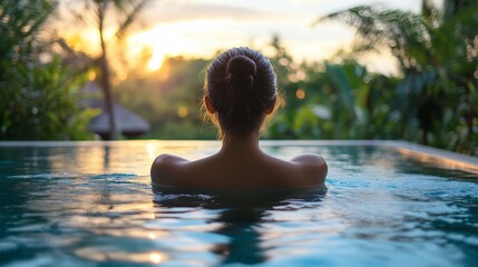 Relaxing in a tranquil pool at sunset surrounded by lush greenery in a serene tropical setting