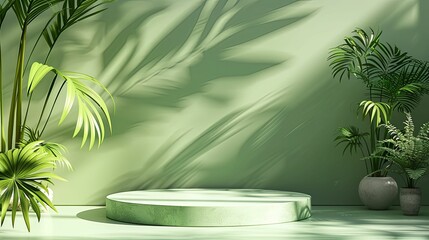 Green Product Display with Tropical Plants and Sunlight