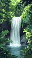 Jungle Waterfall Illustration - Lush Greenery, Flowing Water, Tropical Paradise