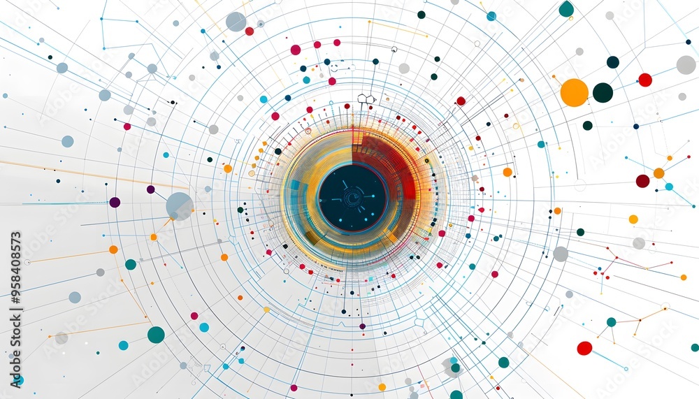 Poster abstract visualization of interconnected data points and circular patterns, conveying complexity and