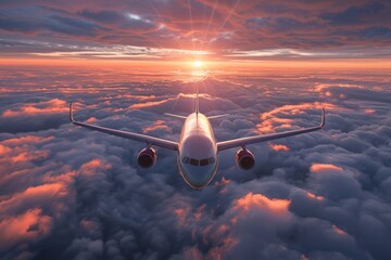 Airplane flying above the clouds during a stunning sunset. Perfect for travel promotions, aviation industry, and inspirational journey-themed content.