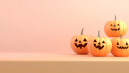 Brightly lit jack-o'-lanterns arranged against a warm orange background, capturing the essence of Halloween.