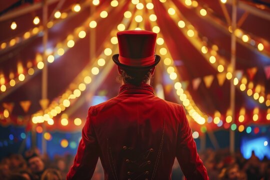 Back view of a circus ringmaster in a red coat under bright festive lights. Ideal for entertainment, event promotions, and vintage circus-themed content.