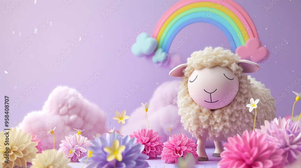 Canvas Prints A cute cartoon sheep in a field of flowers and a rainbow.