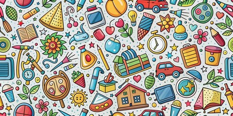 Naklejka premium Back to school doodle pattern featuring fun and colorful educational items , stationery, background, school supplies