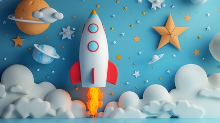 A cartoon rocket ship taking off from behind clouds into space.