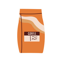 Pack of organic coffee beans. Sustainable, brown paper bag packaging. Flat vector illustration isolated on white background.