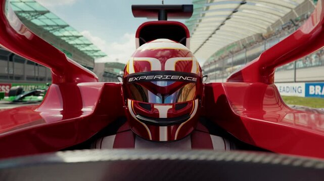 Close-up of a formula one race car driver in pole position wearing a protective helmet with experience slogan written on it. 3d animation rendering