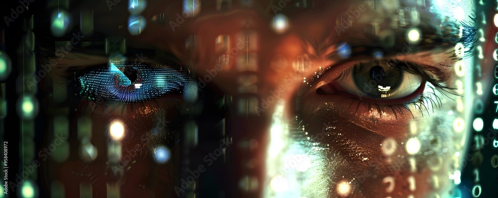 Poster close-up image of a futuristic face merged with digital binary code, symbolizing technology, cyber s
