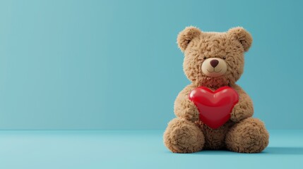 Obraz premium A cute teddy bear holding a red heart on a blue background.