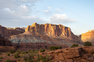 A breathtaking sunrise view of red rocks at Capitol Reef National Park, Utah.