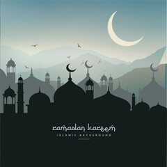 A serene Ramadan sunset landscape with silhouetted minarets and a warm, glowing sky, evoking a peaceful and reflective atmosphere perfect for celebrating the holy month.