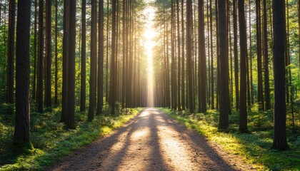 Obraz premium A serene forest pathway illuminated by soft sunlight, inviting nature lovers to explore its tranquil beauty.