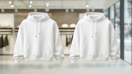 Isolated image of a white hoodie from both front and back angles, placed in a modern store setting with blurred background. Suitable for fashion marketing, product listings, or retail promotions.