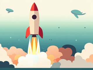 A vibrant illustration of a rocket launching into space, surrounded by clouds and a serene sky, symbolizing exploration and adventure.