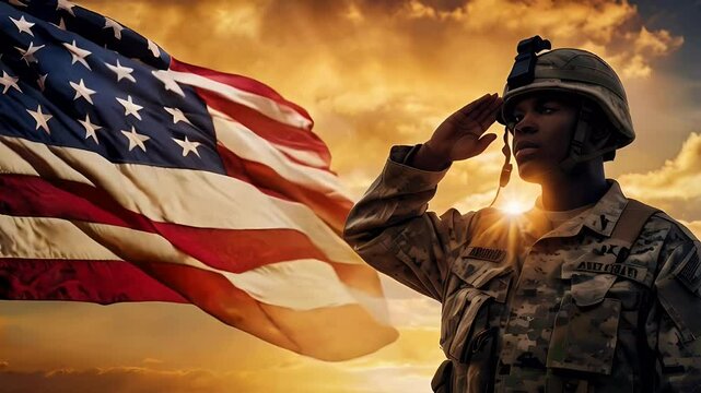 U.S. soldier saluting at sunset with American flag in the background