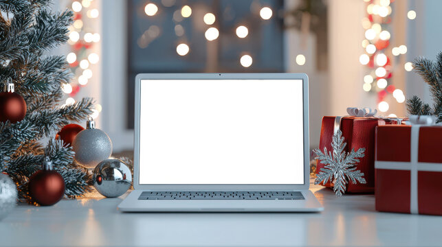 A silver laptop sits on a table next to a Christmas tree with red and silver decorations and red gift boxes. A mockup of a stylish laptop for website advertising. The concept of celebration