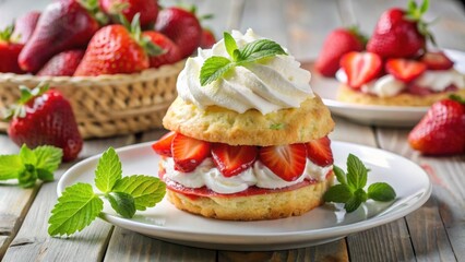 Plate of strawberry shortcake with fresh strawberries and whipped cream, strawberry, shortcake, dessert, plate, bakery, delicious