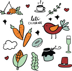 Thanksgiving doodle illustration collection set. Happy thanksgiving celebreation