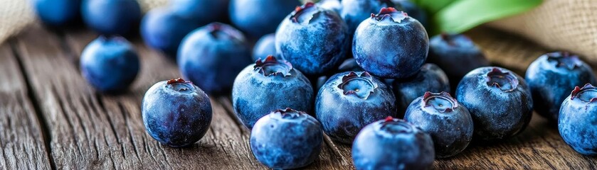 Obraz premium Fresh blueberries on a wooden table, rich in antioxidants. Good for body and brain.