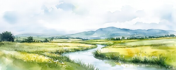 Fototapeta premium Watercolor painting of an idyllic Irish landscape featuring rolling green fields and a serene river under a cloudy sky