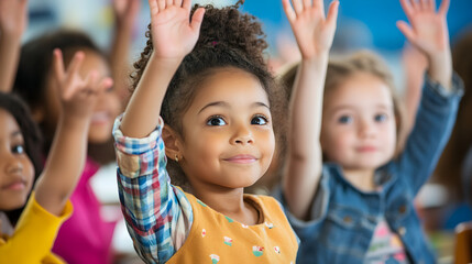 A group of students raising their hands in the classroom, eager to answer a question.


