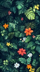 Tropical Flowers and Lush Green Leaves Illustration